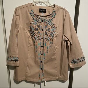 Bob Mackie Wearable Art Beige Button-Front Embellished Women's Top